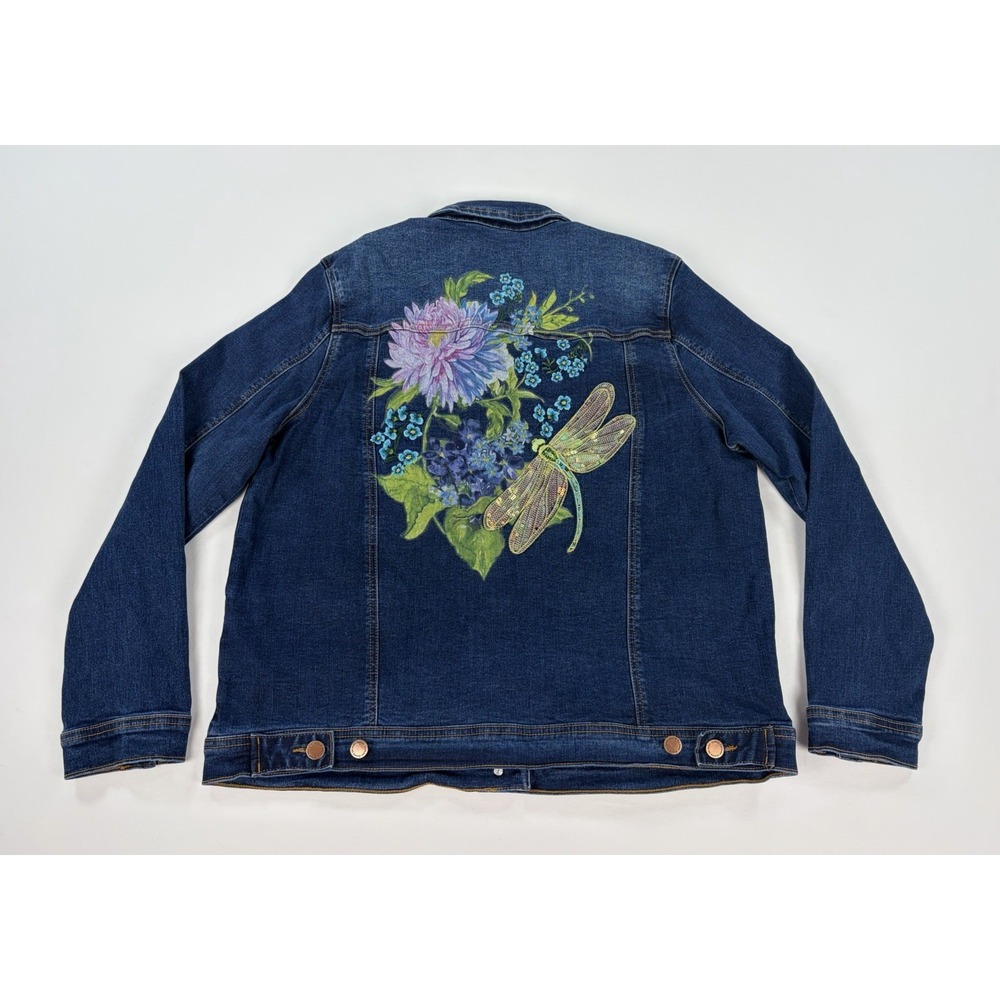 Diane Gilman Women's Large Blue Denim Jacket Embroidered Floral Dragonfly New
